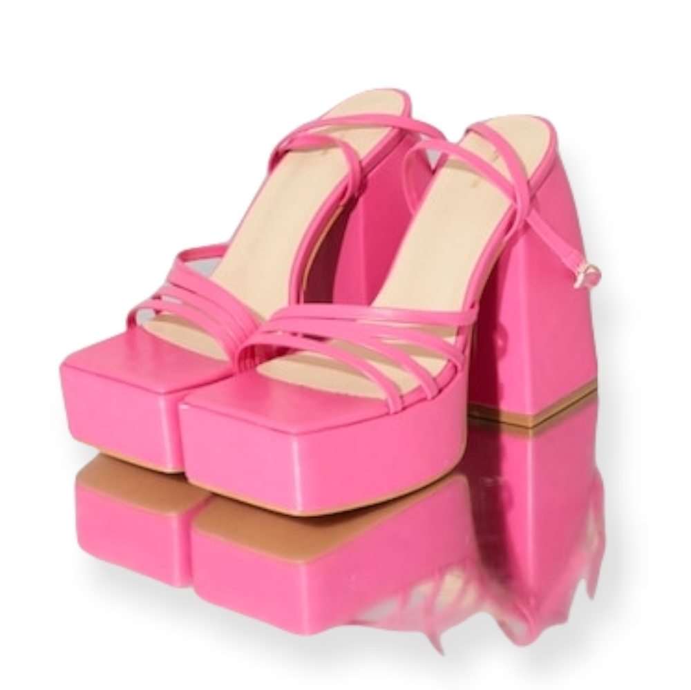 Pink Pu Square Toe Platform Strappy Heeled Sandals